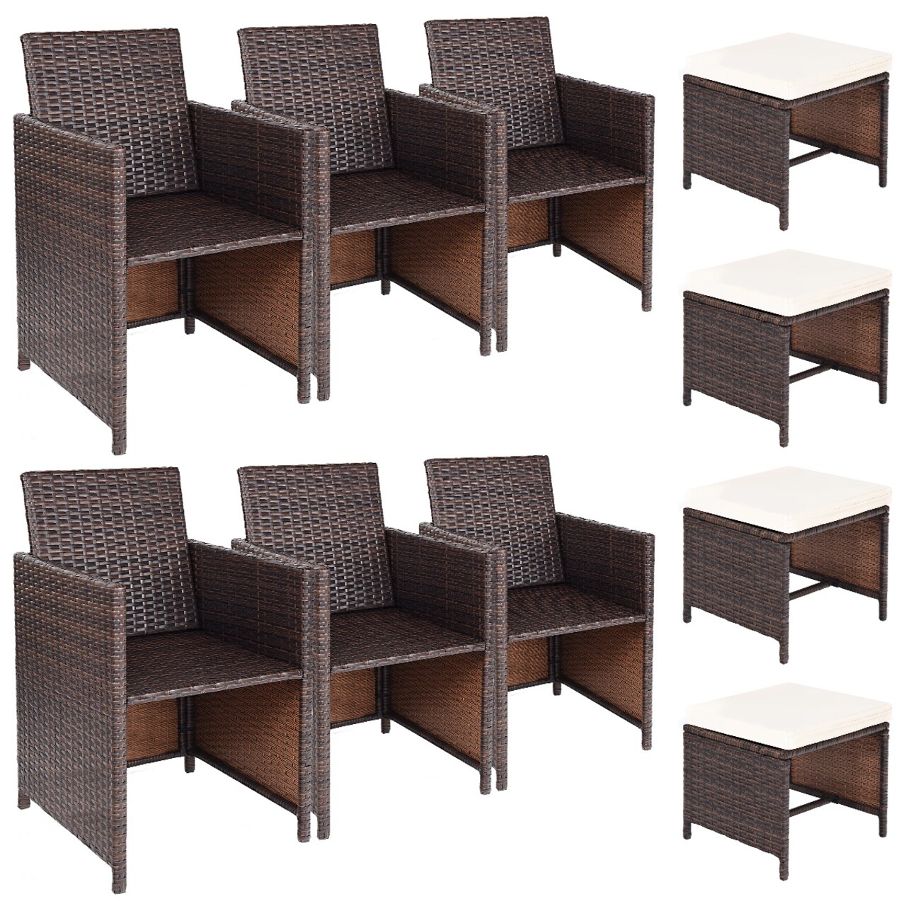 Mix Brown PE Rattan Patio Chair Set 6 Chairs 4 Ottomans Cushioned Outdoor